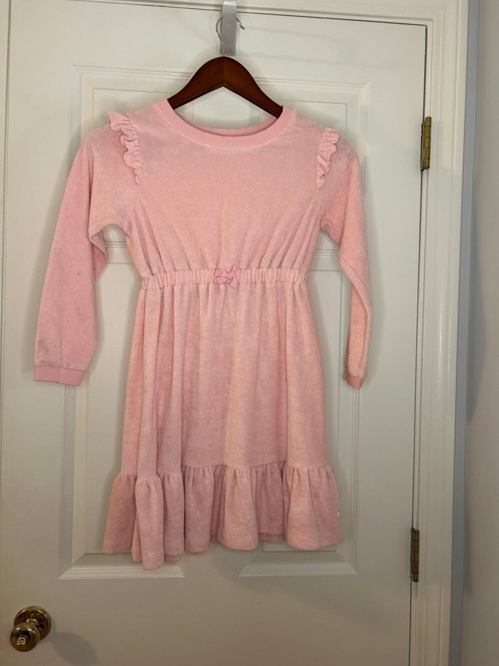 RuffleButts Girls Size 8 Pink Terry Cloth Long Sleeve Ruffle Dress Bow Waist